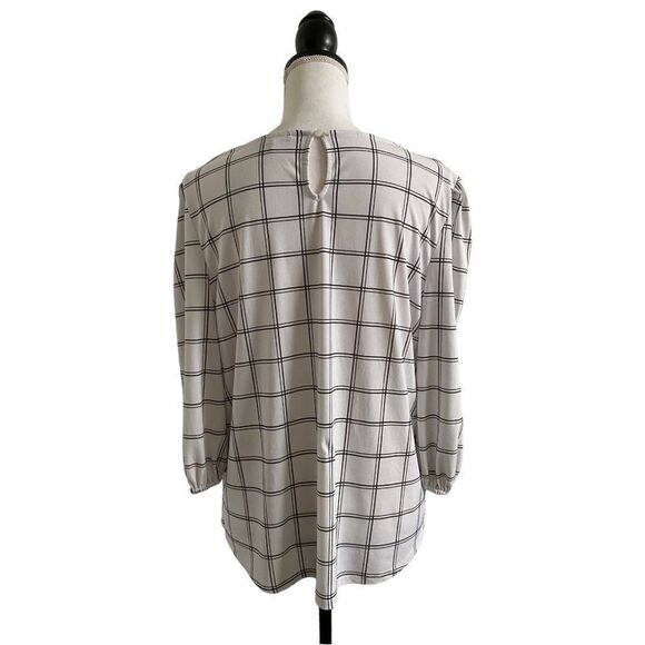 Adrianna Papell Windowpane Grid Print 3/4 Sleeve Blouse White & Black Size Large - Picture 5 of 8
